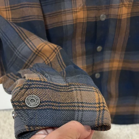 Duluth Trading Co Navy & Brown Plaid Hooded Flannel Shirt Jacket - Picture 7 of 9